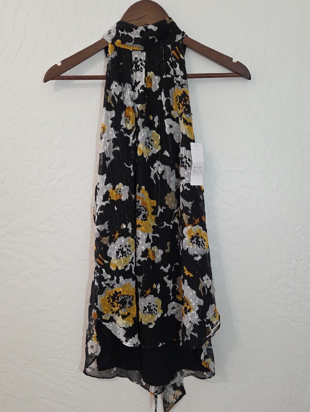 NWT! WHBM Floral Pleated Black & Yellow Blouse With Gold Shimmer Pinstripes